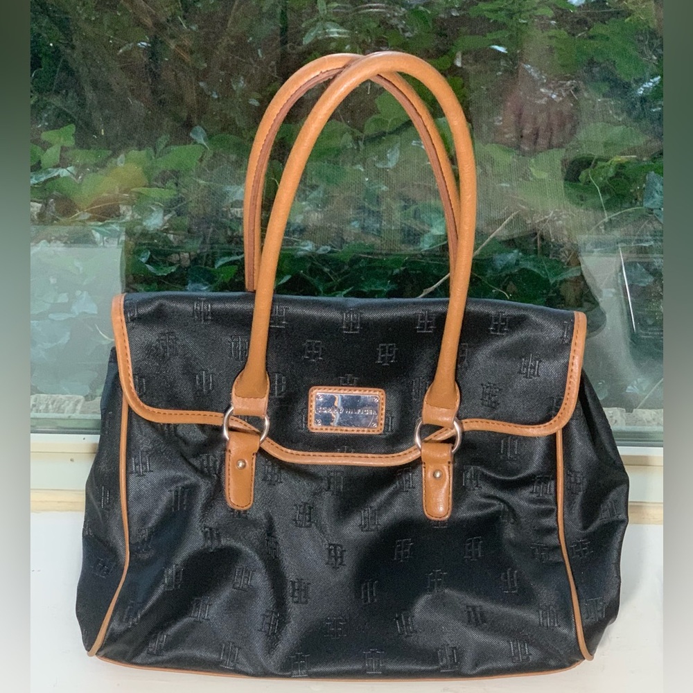 Tommy Hilfiger Black Monogram Tote Bag Tan Trim Large Shoulder Purse
